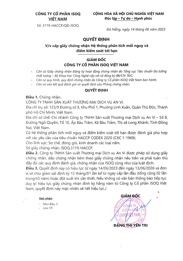 Công Ty TNHH Sản Xuất Thương Mại Dịch Vụ An Vi